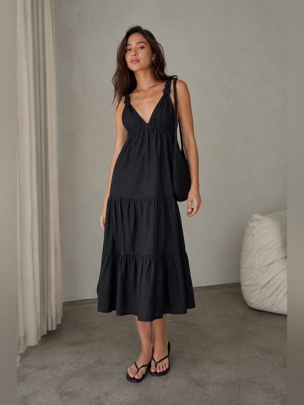 Love Tree Bohemian Romantic Linen Blend Tiered SunDress Black Gothic Size L